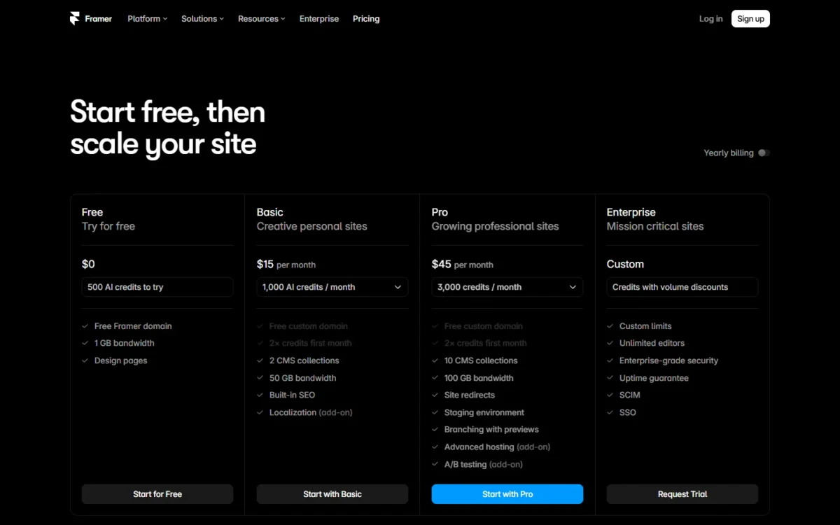 Framer's pricing page, monthly billing: Basic $15 and Pro $45 per month