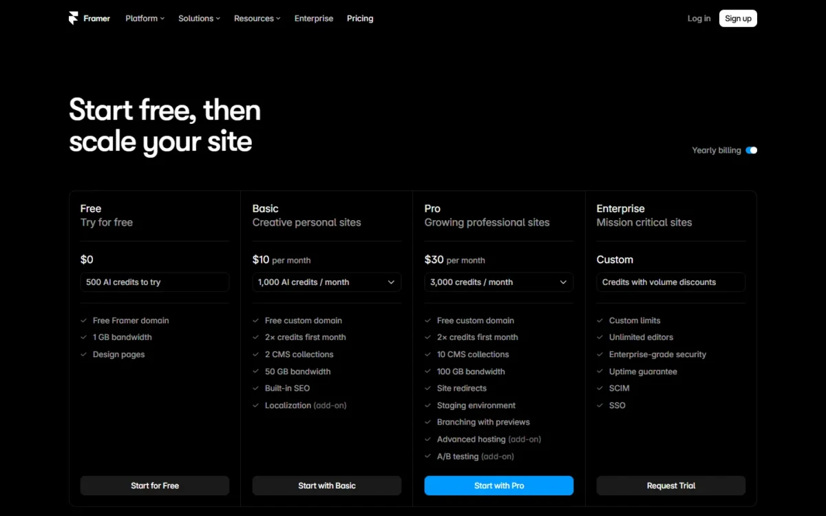 Framer's pricing page, yearly billing: Basic $10 and Pro $30 per month