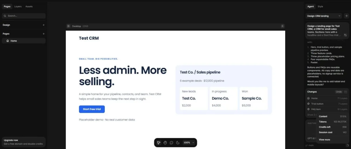 Framer Agent canvas with the Test CRM landing page and a usage panel showing Credits left 358, Session cost 142