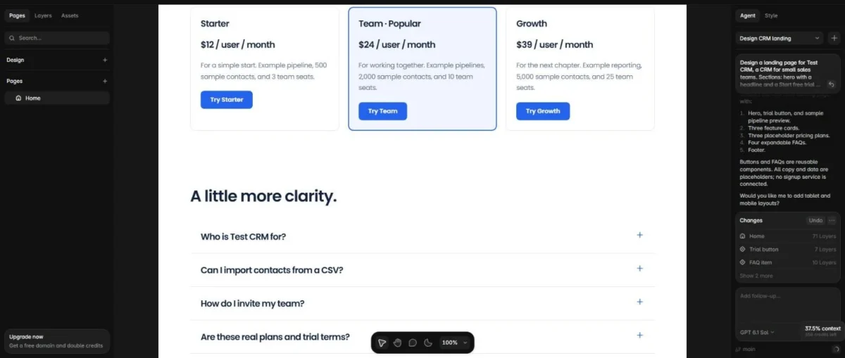 Framer Agent canvas with the placeholder pricing cards and FAQ it generated for Test CRM