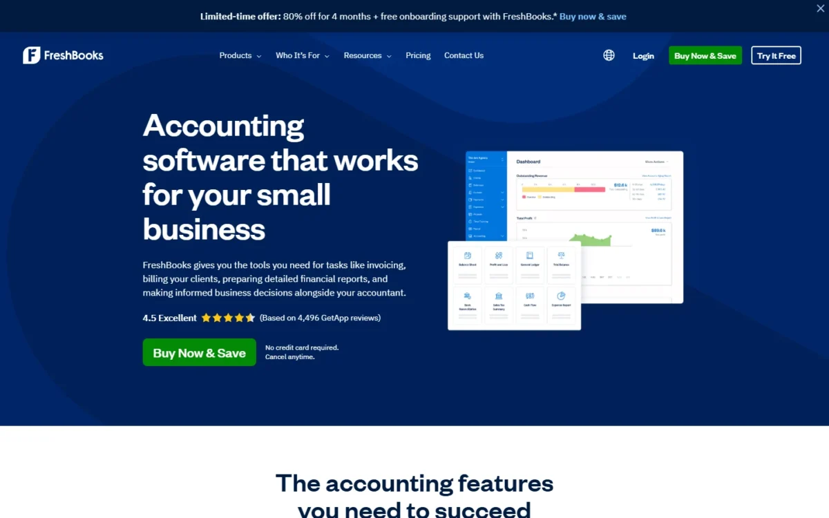 FreshBooks accounting software page, first screen, with a dashboard preview