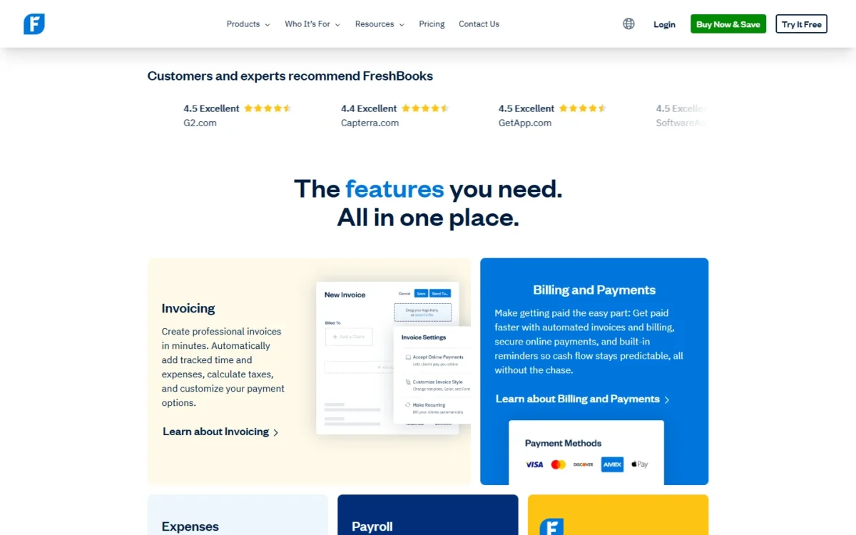 FreshBooks homepage features section with the Invoicing and Billing and Payments panels and accepted payment methods