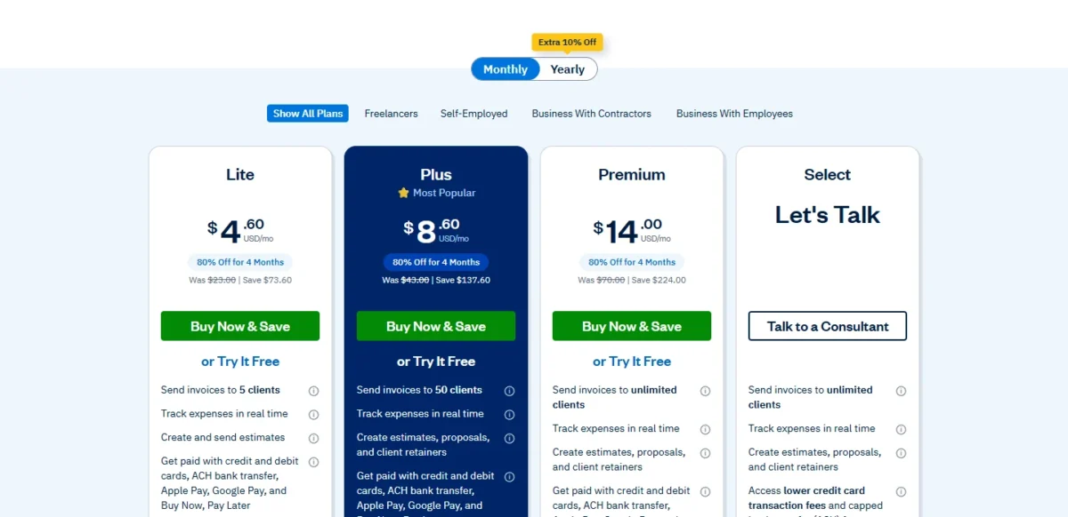 FreshBooks pricing page in the Monthly view with Lite, Plus and Premium at 80% off for 4 months and Select at Let's Talk