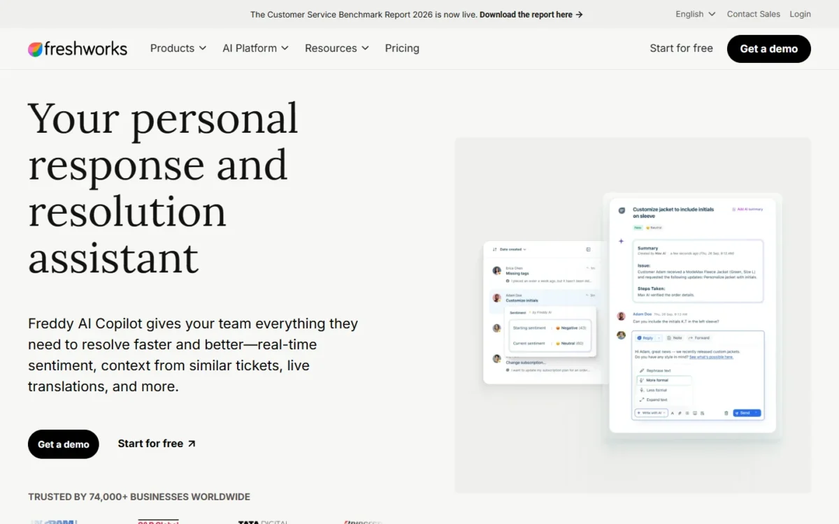 Freddy AI Copilot page describing a response and resolution assistant for agents