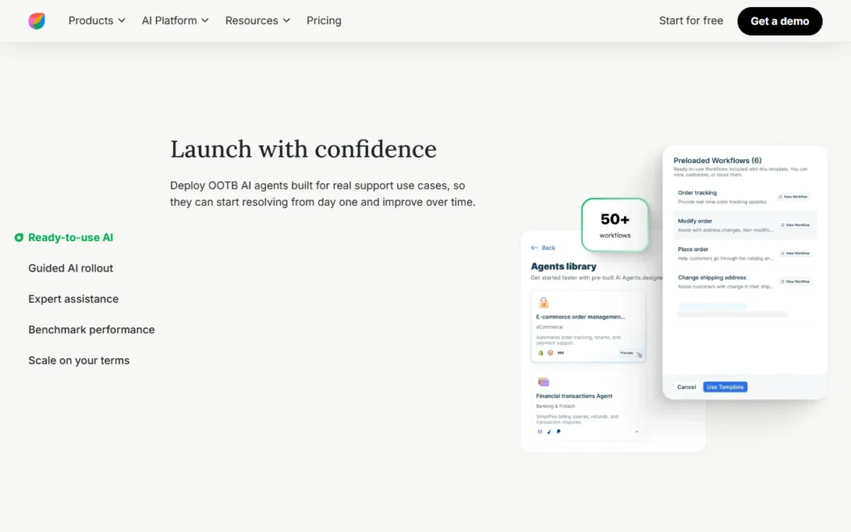Freshdesk homepage section on launching AI agents with an agents library and a guided AI rollout