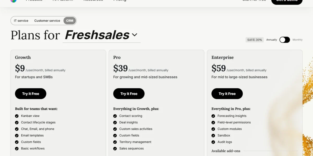 Freshsales pricing page showing its Growth, Pro and Enterprise plan cards with annual billing selected