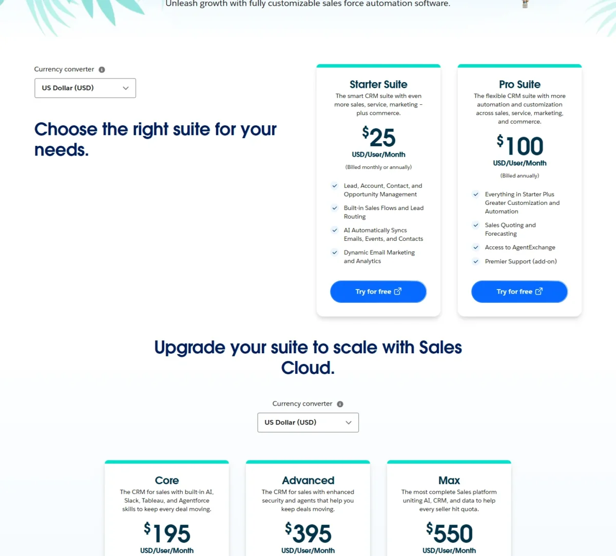 Sales Cloud pricing page showing the two suites above the three Sales Cloud editions in US dollars