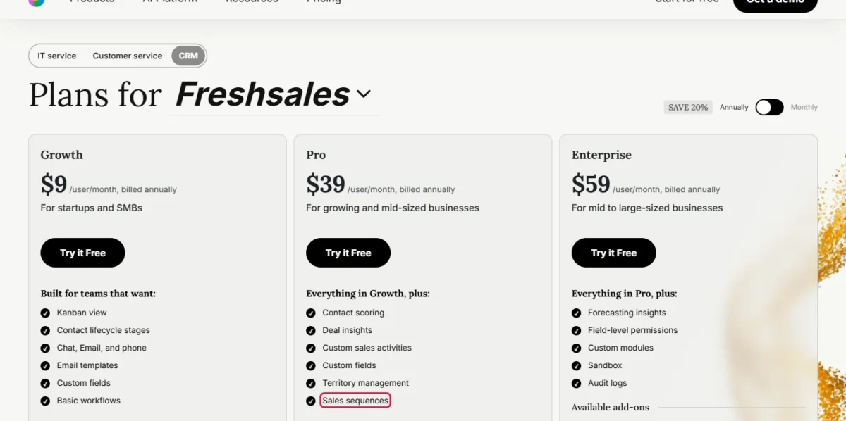 Freshsales pricing page with Growth $9, Pro $39 and Enterprise $59, Sales sequences outlined under Pro