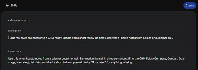 Gemini Create manually form with the name call-notes-to-crm, a description, instructions and the Create button