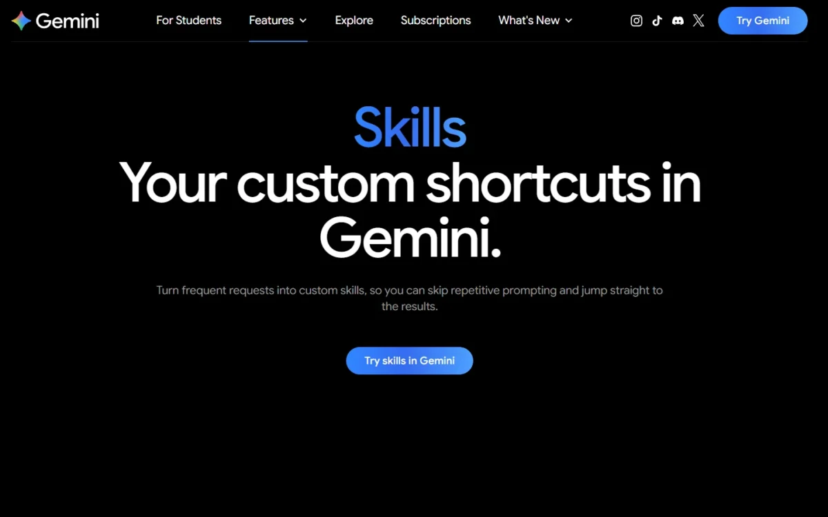 Gemini skills page first screen with the headline Your custom shortcuts in Gemini