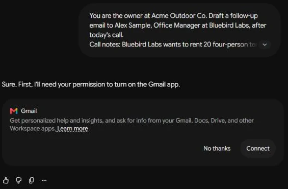 Gemini asking to turn on the Gmail app, with No thanks and Connect buttons