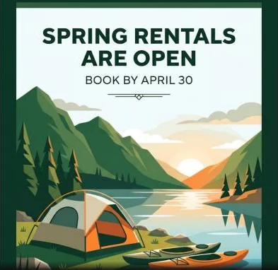 Gemini image with the text SPRING RENTALS ARE OPEN in capital letters above a tent and two kayaks