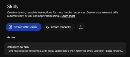 Gemini Skills page with Create with Gemini, Create manually and upload buttons above the Active skills list