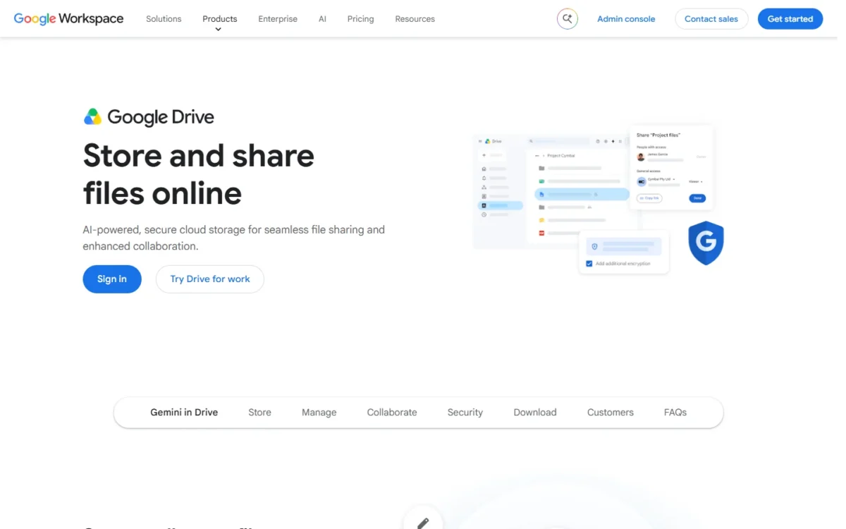 Google Drive homepage headline reading Store and share files online, with Sign in and Try Drive for work buttons