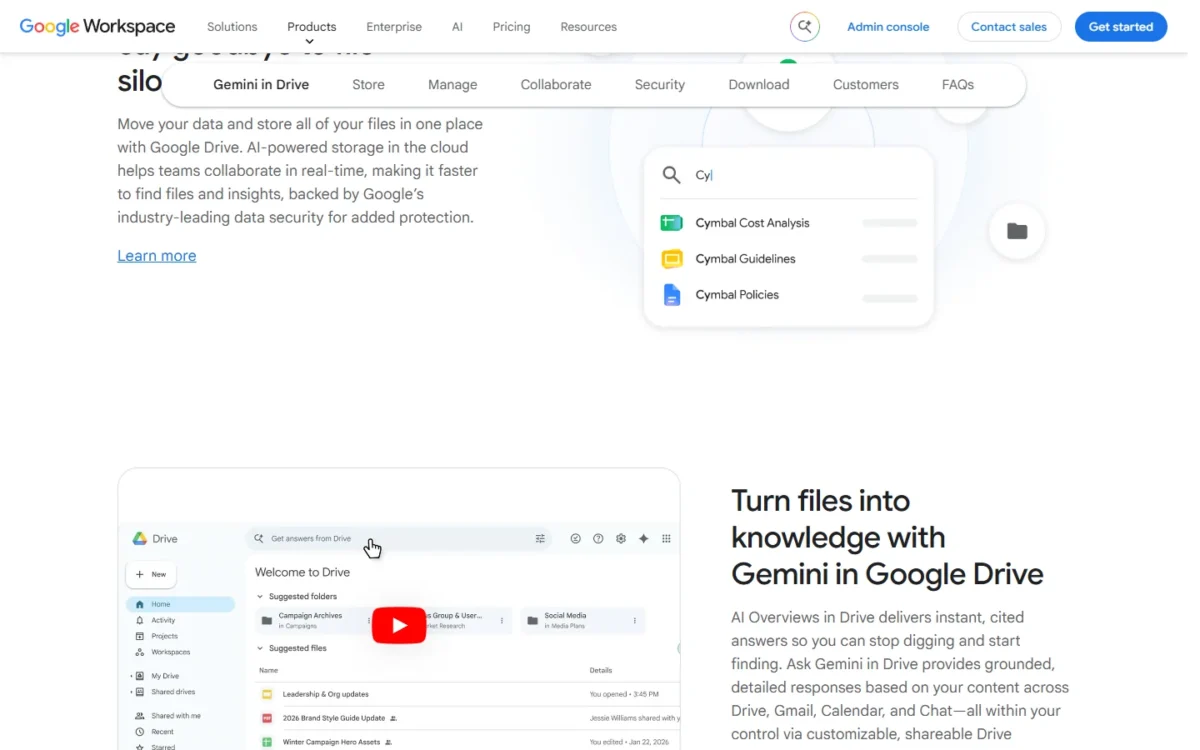 Google Drive interface with a Get answers from Drive search bar, suggested folders and suggested files, next to the Gemini in Google Drive section