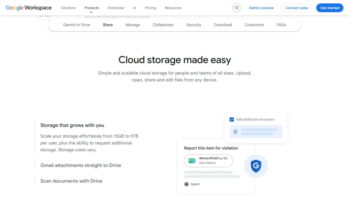 Google Drive page section titled Cloud storage made easy, saying storage scales from 15GB to 5TB per user with more available on request