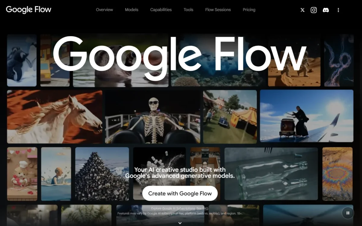 Google Flow homepage, first screen