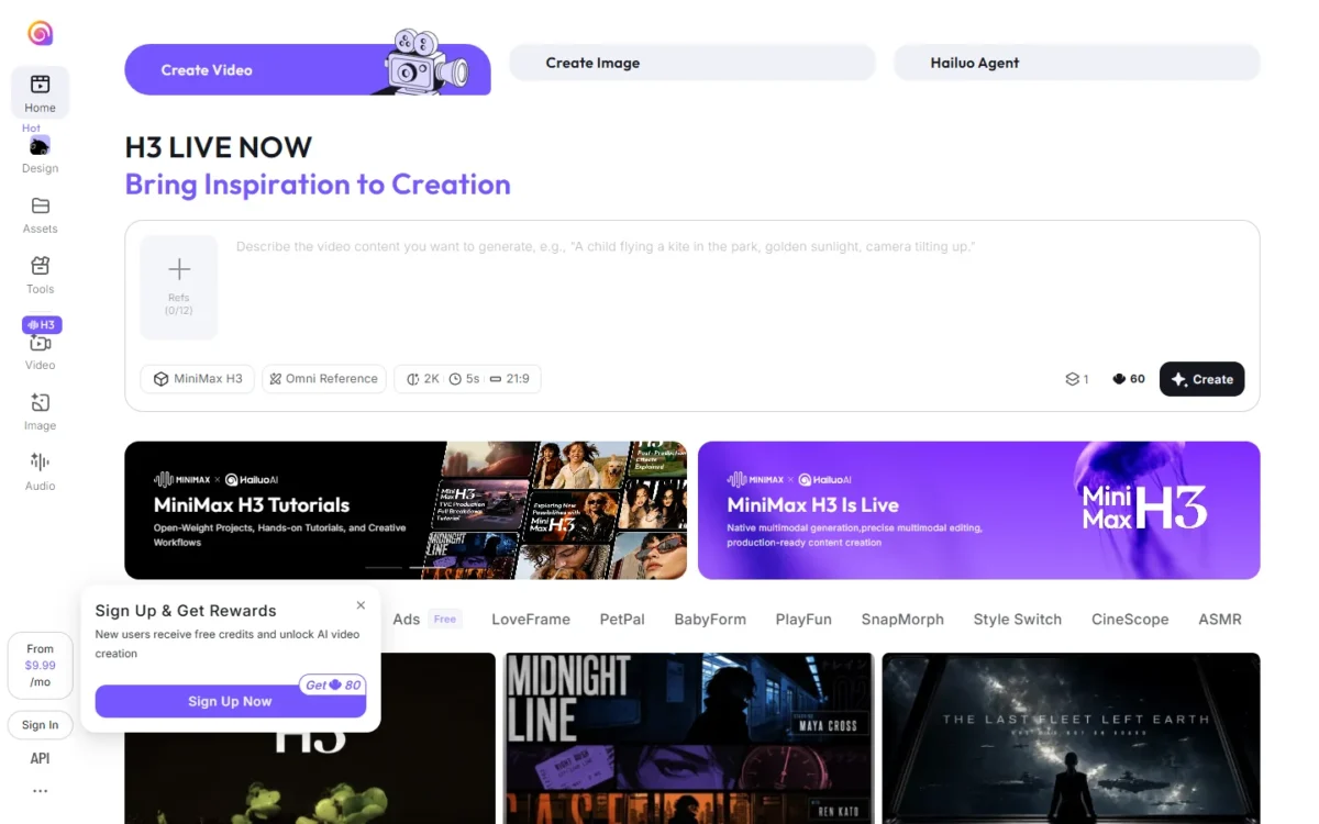 Hailuo AI homepage, first screen