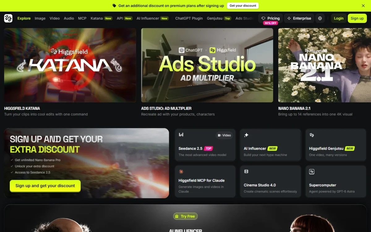 Higgsfield homepage, first screen
