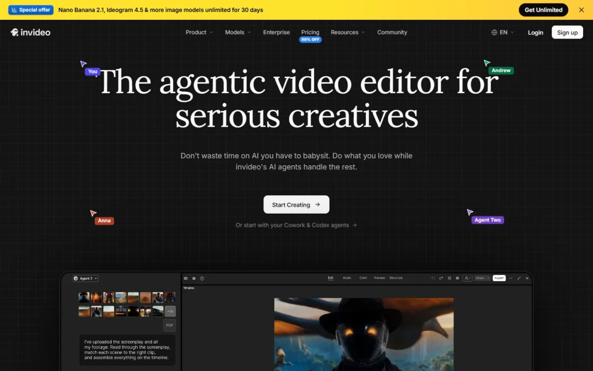invideo AI homepage, first screen