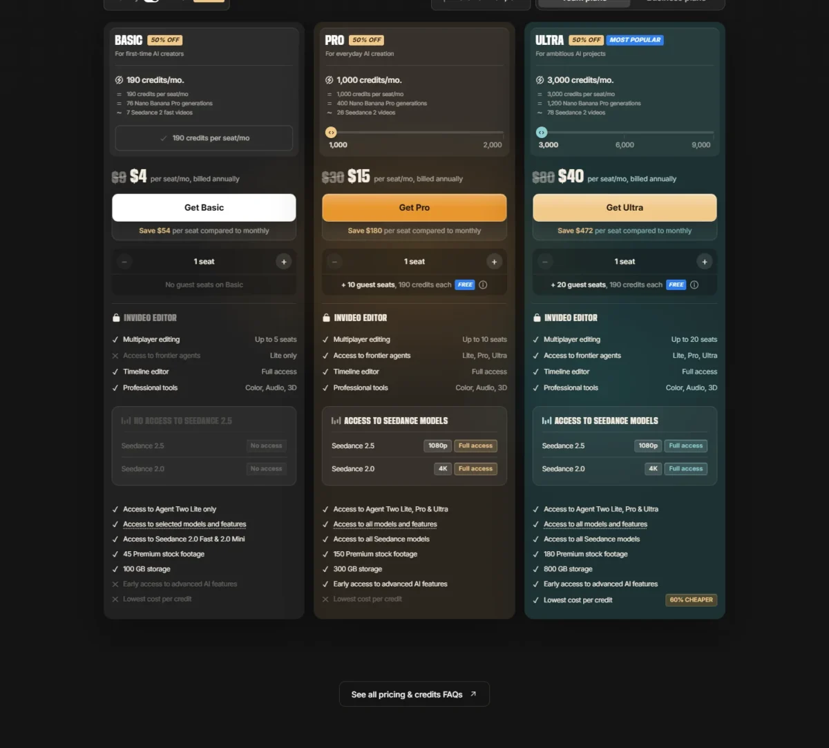 invideo AI pricing page with annual billing selected, showing the Basic plan, Pro at $15 and Ultra at $40 per seat a month