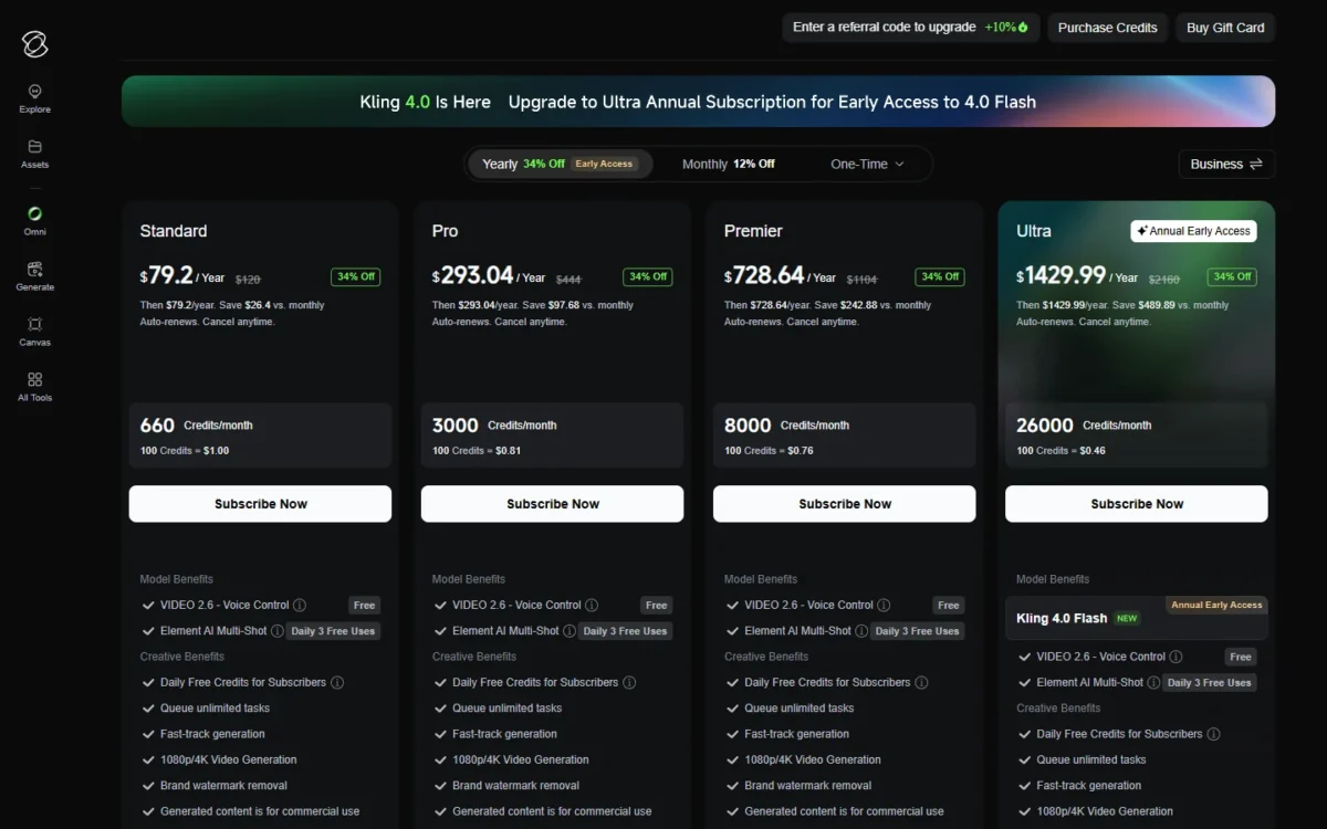 Kling AI membership page with yearly billing selected, showing the Standard, Pro, Premier and Ultra plans