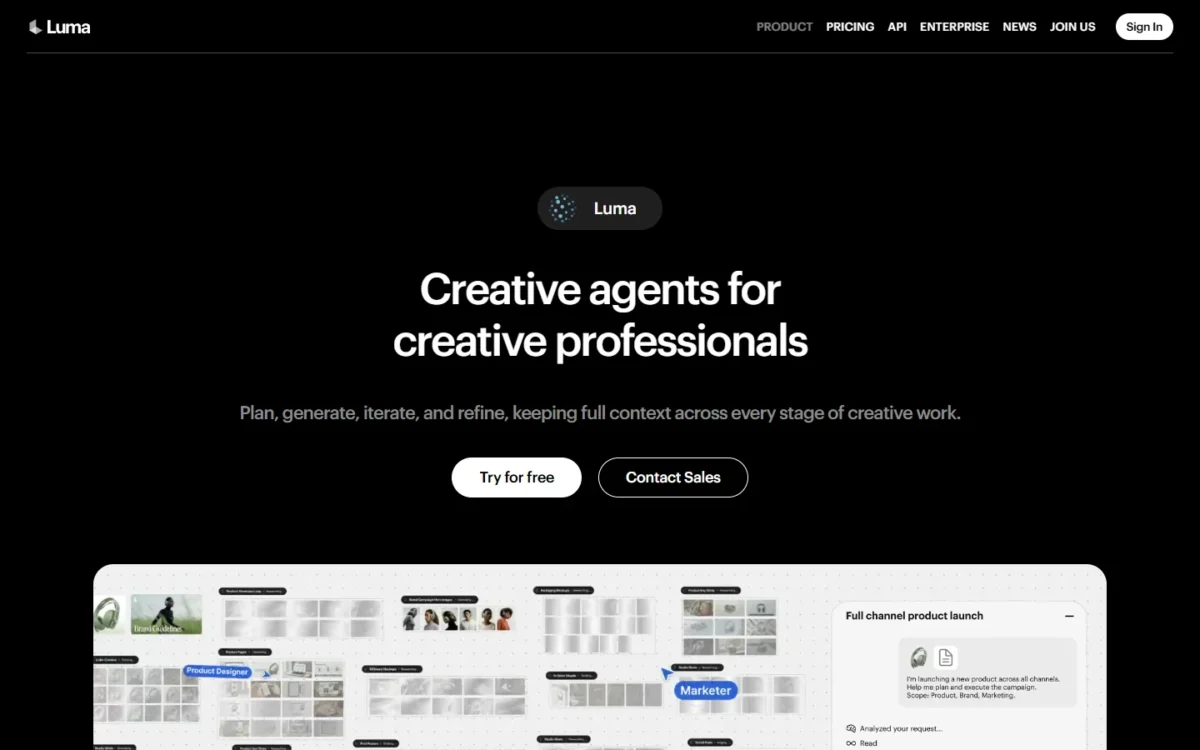 Luma homepage, first screen