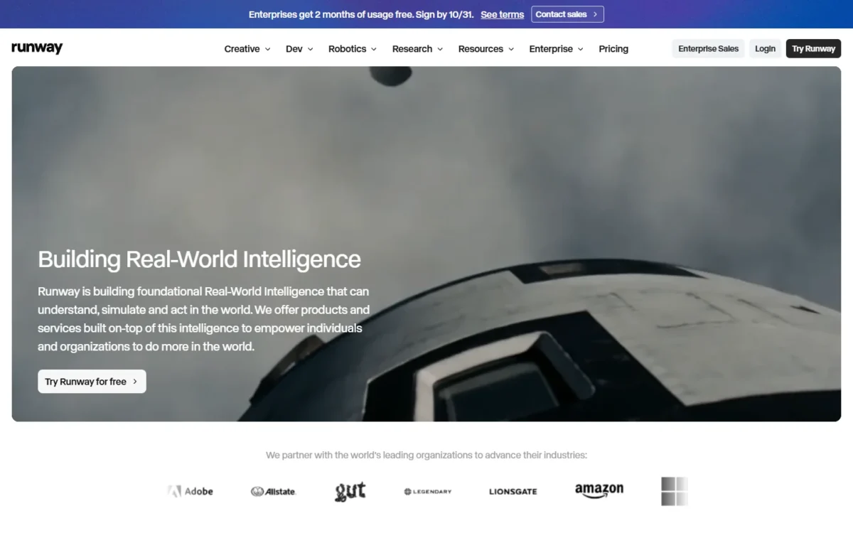 Runway homepage, first screen