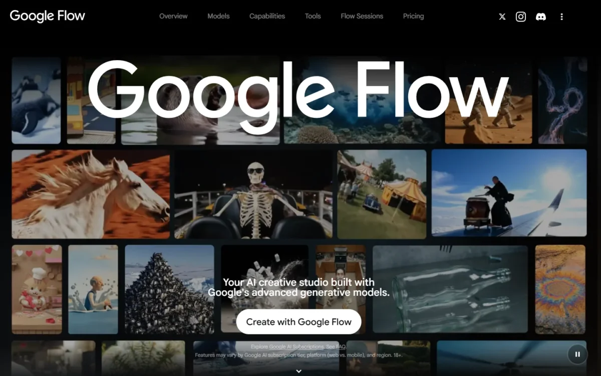 Google Flow homepage, first screen, with the Create with Google Flow button