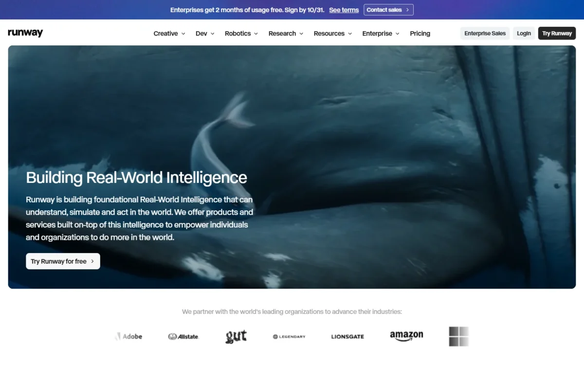 Runway homepage, first screen