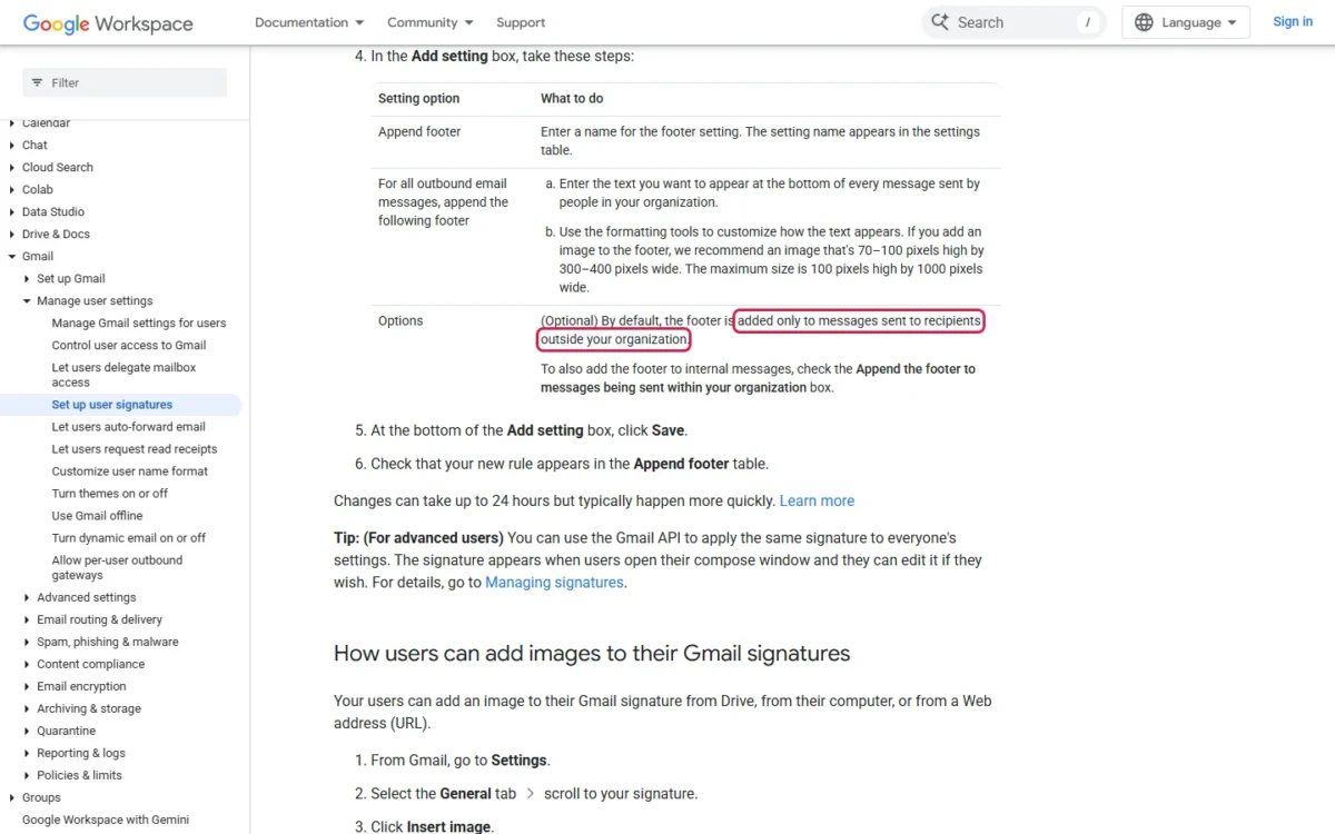 Google Workspace admin help page with the default external-only footer option outlined