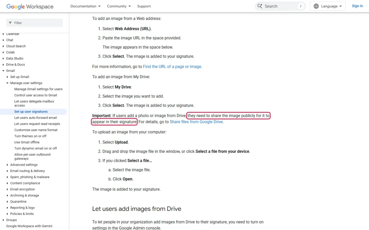Google Workspace admin help page with the Drive image sharing requirement outlined