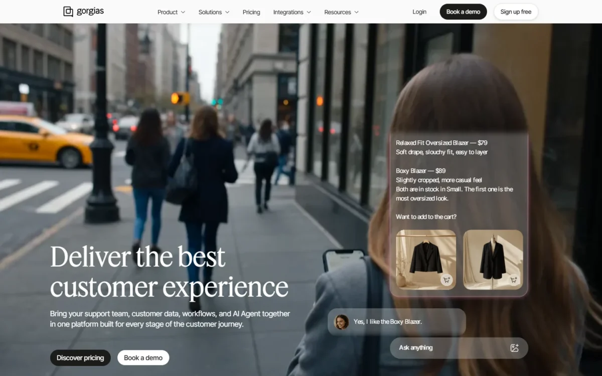 Gorgias homepage first screen with the headline Deliver the best customer experience beside a shopper chatting with an AI assistant about two jackets