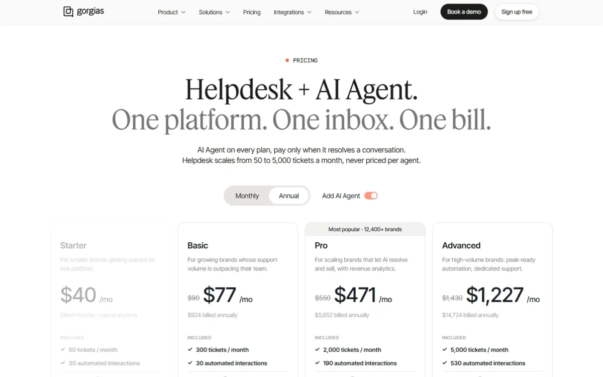 Gorgias pricing page on Annual billing with Add AI Agent switched on: Basic $77, Pro $471 and Advanced $1,227 a month, billed annually