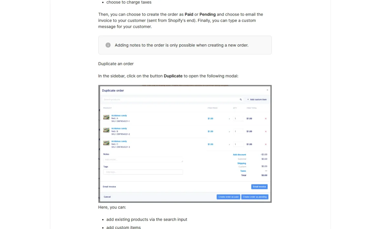 Gorgias help center page showing the Duplicate order window opened from a ticket's Shopify sidebar, with product lines, a discount, shipping and Create order buttons