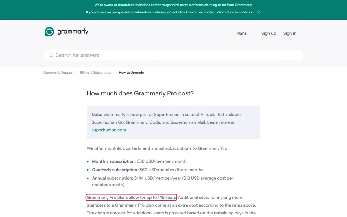 Grammarly help article listing Pro at $30 monthly, $60 quarterly and $144 annually per member, with the sentence on up to 149 seats outlined