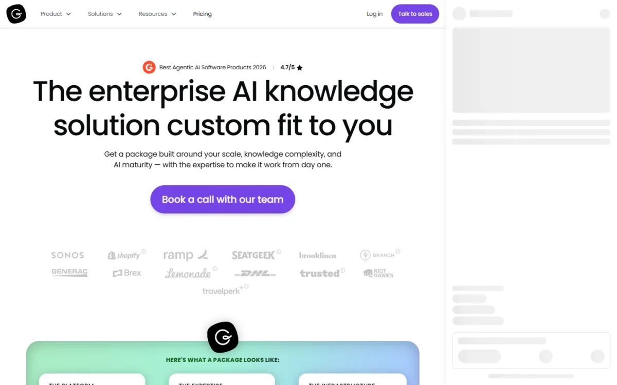 Guru pricing page headline offering a custom enterprise AI knowledge package with a Book a call with our team button