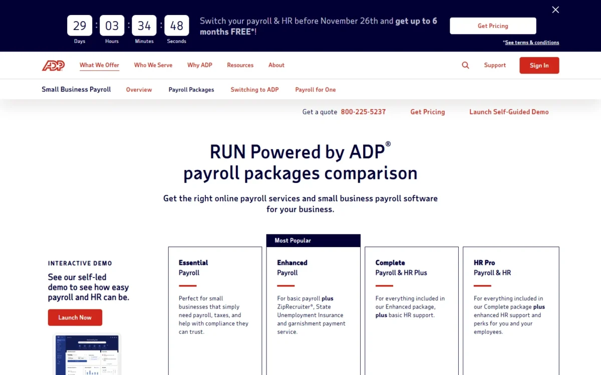 RUN Powered by ADP packages page showing Essential, Enhanced, Complete and HR Pro cards without prices