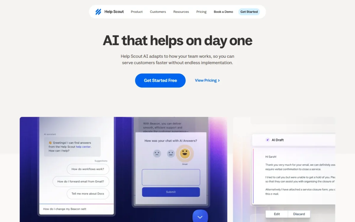 Help Scout AI features page with an AI Answers chat panel and an AI Draft reply panel