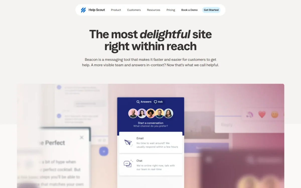 Help Scout Beacon page showing the widget with email and chat options