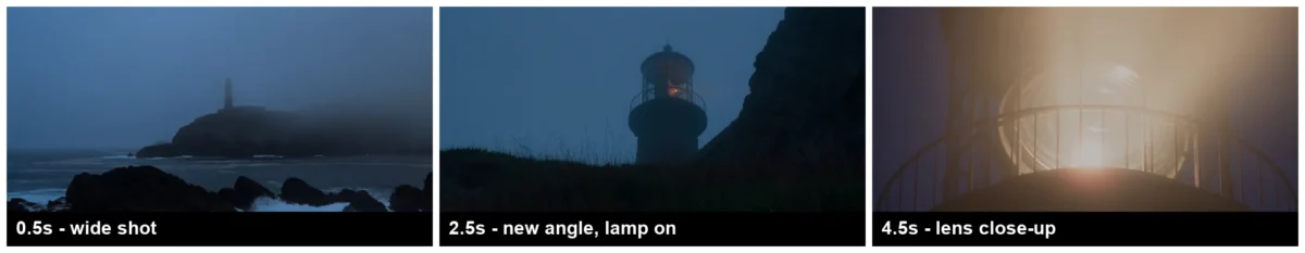 The Cinema Studio clip cut between three shots inside five seconds, and the lighthouse changed design between shots