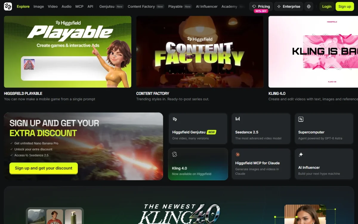 Higgsfield homepage first screen with tool tiles