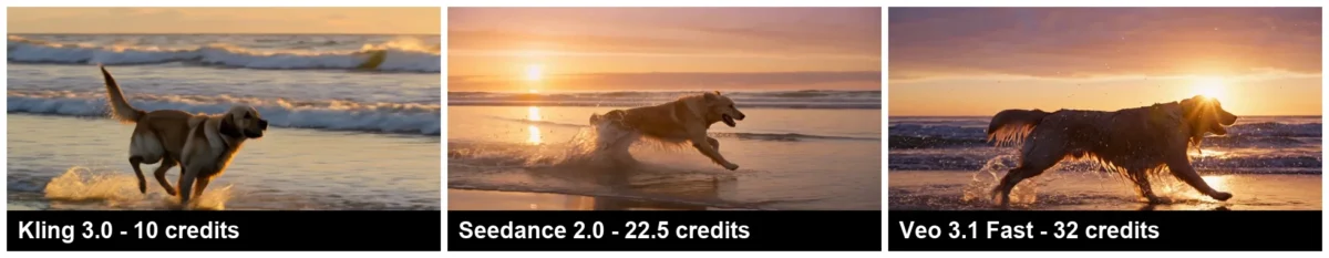 Higgsfield AI test frames from Kling 3.0, Seedance 2.0 and Veo 3.1 Fast on one prompt, with credits charged per clip