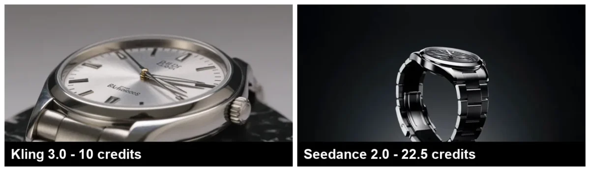 Kling's dial carried garbled brand text, while Seedance kept the dial legible on a dark studio set
