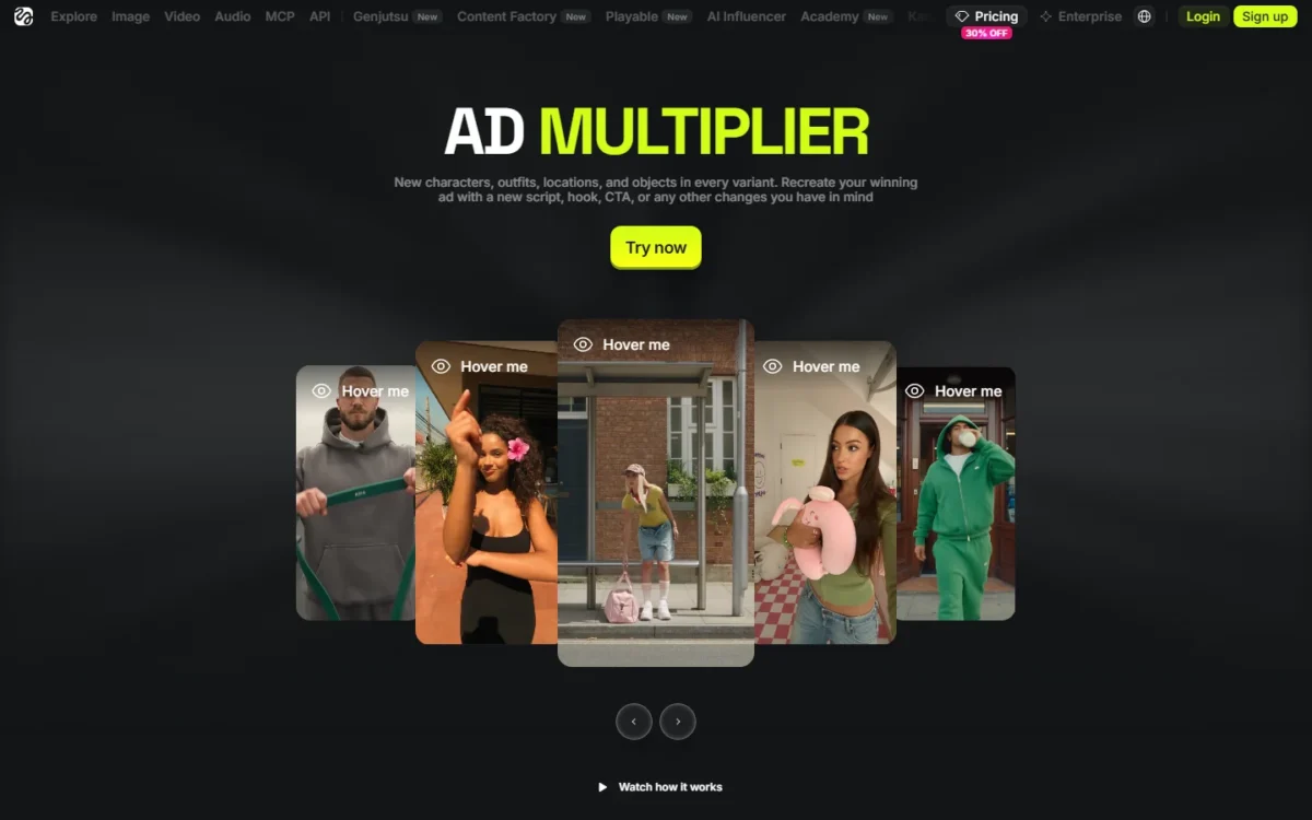 Higgsfield Ad Multiplier page showing one ad recast with different characters, outfits and locations