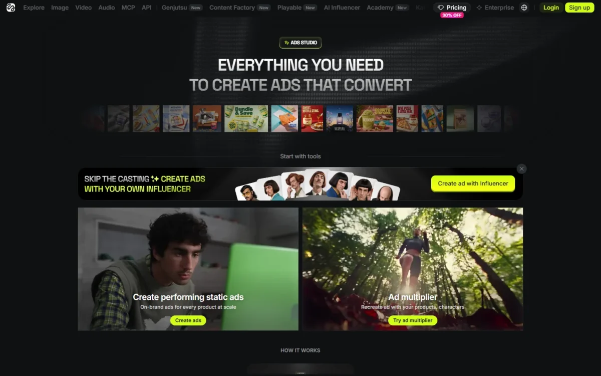 Higgsfield Ads Studio page with the static ads and Ad Multiplier tool cards