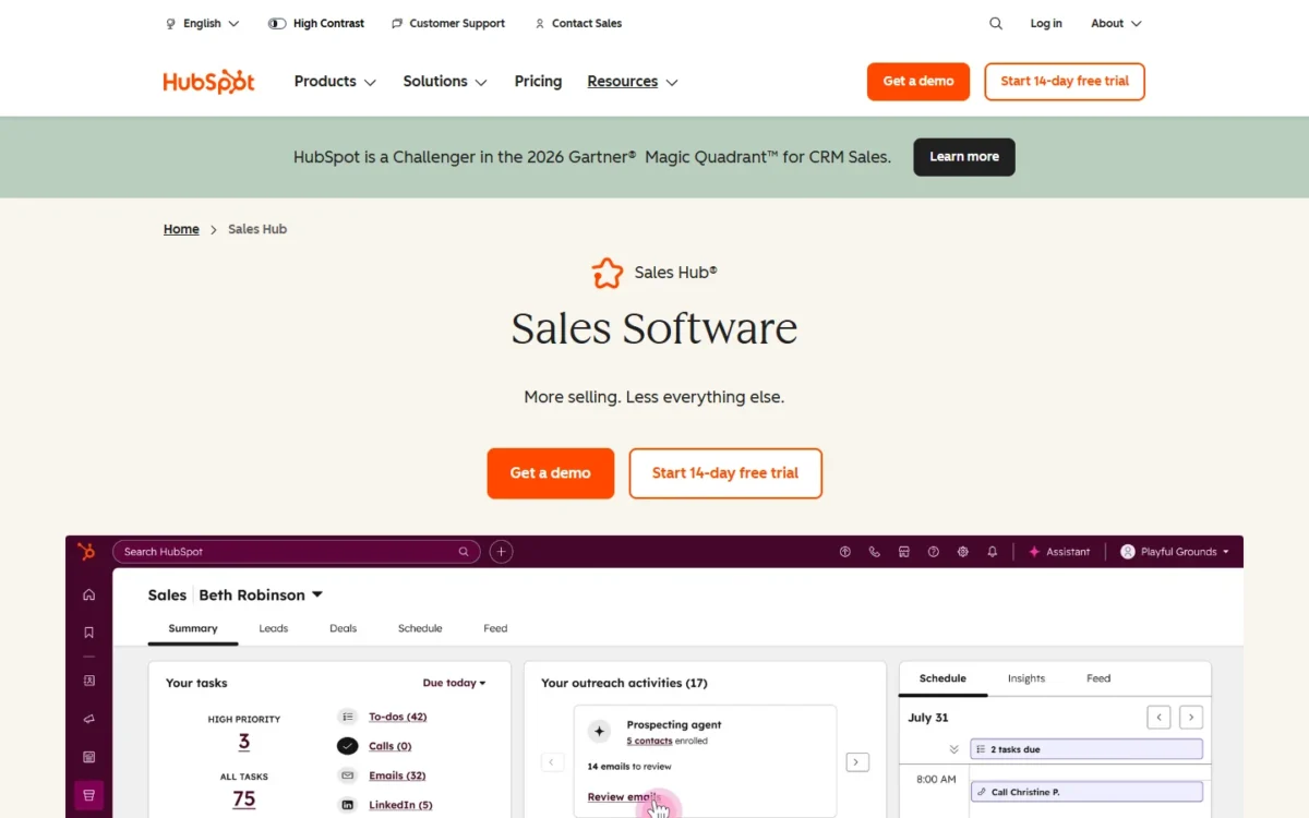 HubSpot Sales Hub page, first screen