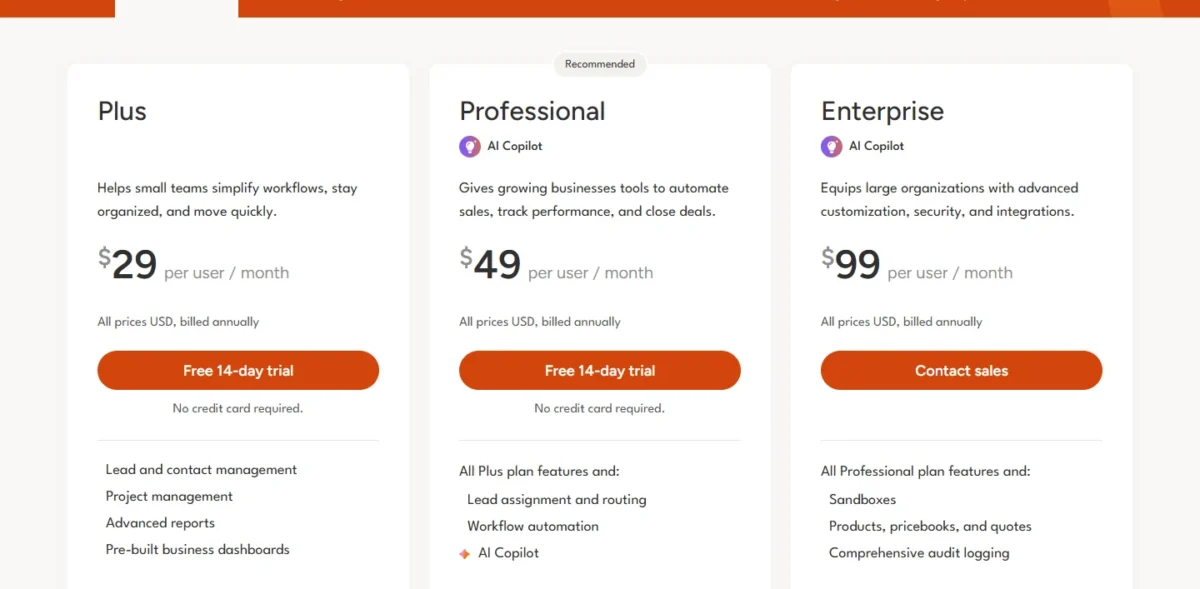 Insightly CRM pricing page with the Plus, Professional and Enterprise cards
