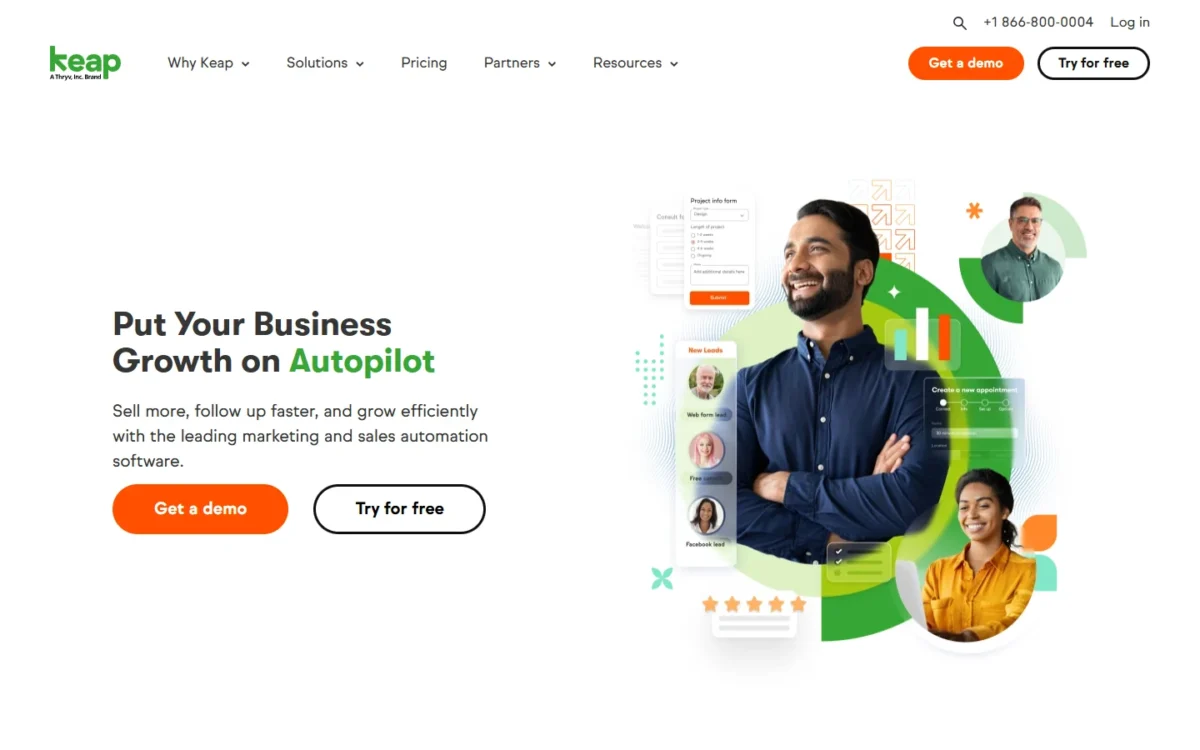 Keap homepage, first screen, with the headline Put Your Business Growth on Autopilot