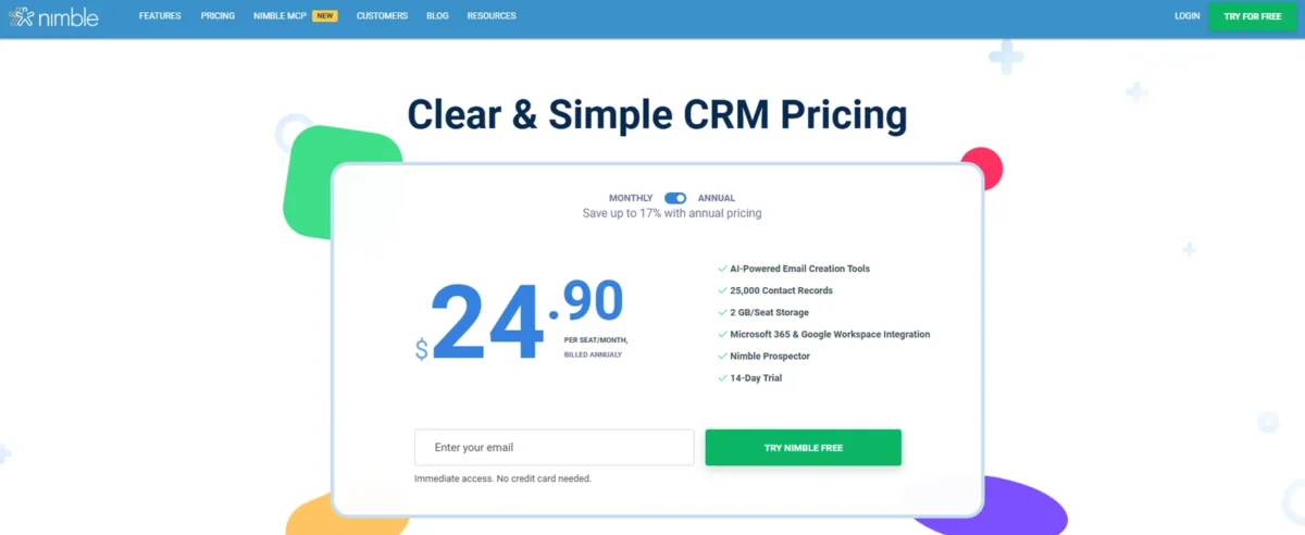 Nimble pricing page, annual view